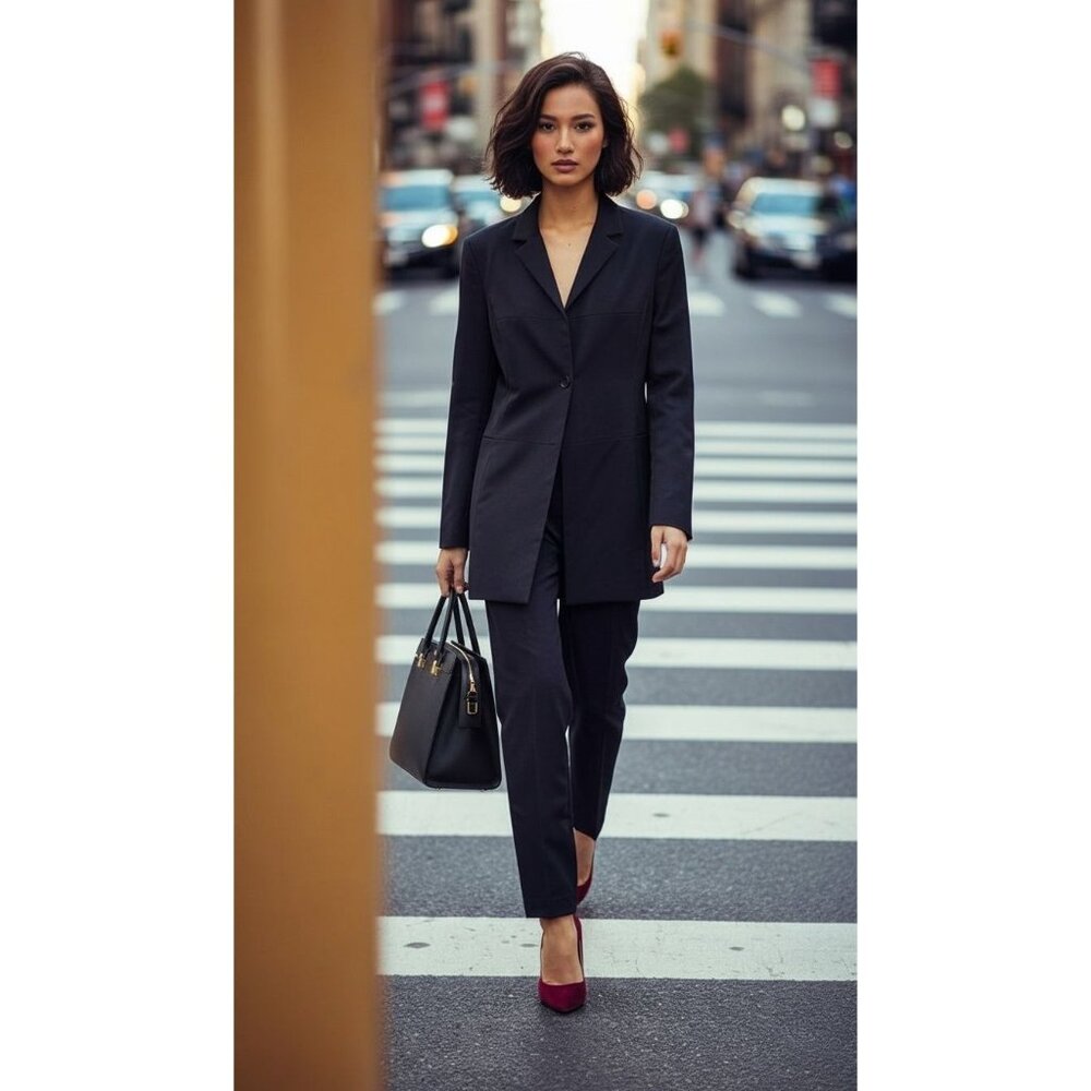 V Collection Designer Long Blazer Coat & Matching Pants Professional Suit Set